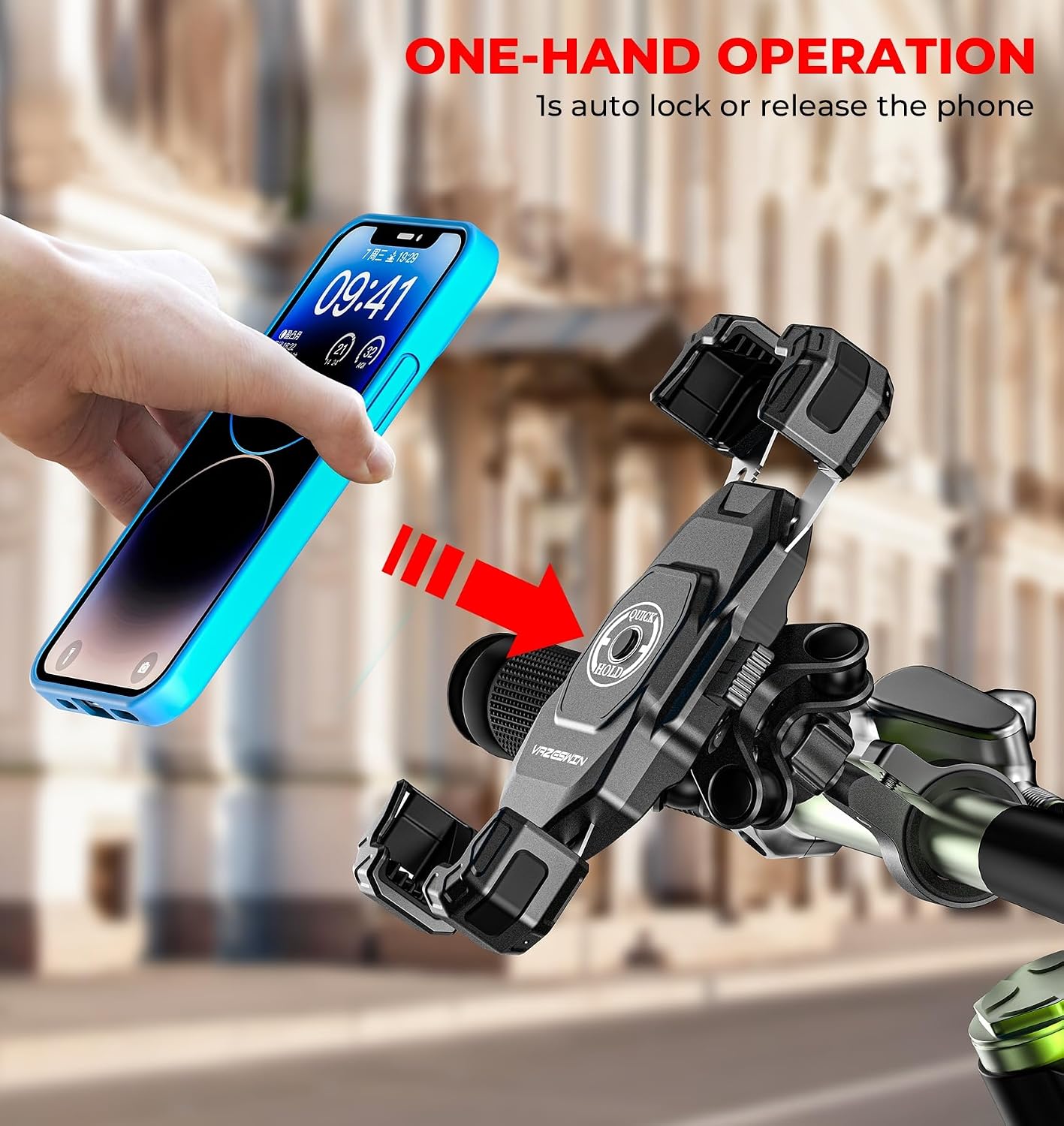 VAZESWIN Motorcycle Bike Phone Mount with Vibration Dampener, 1s Auto Lock