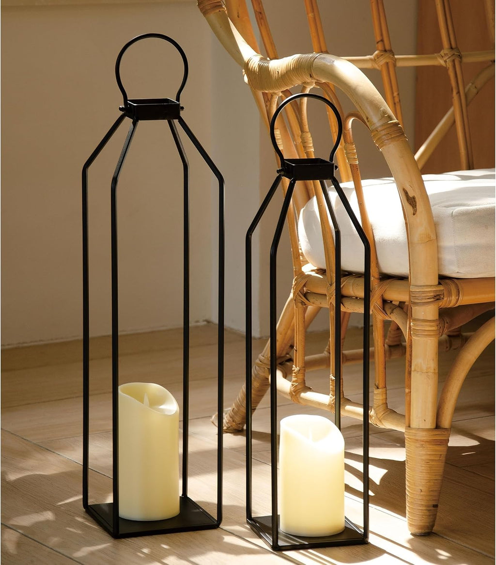Perfnique Modern Farmhouse Lantern Decor, 15'' 13'' Set of 2 Black Metal Lantern, 2 LED 6hr Timer Flameless Candles ＆ Remote Timer, Lanterns Decorative for Outdoor, Home, Indoor, Patio, Christmas