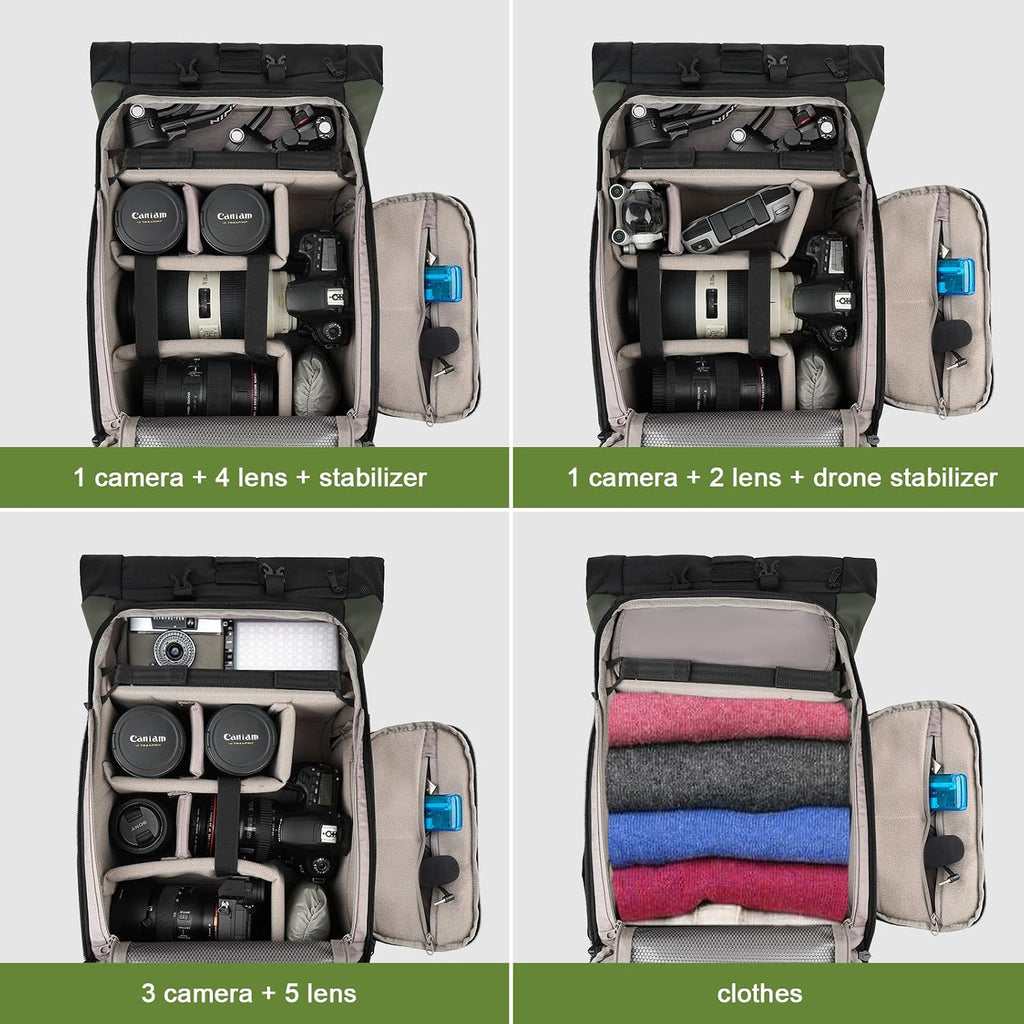 Besnfoto Camera Backpack for Photographer DSLR SLR Waterproof Camera Bag with Laptop Compartment Tripod Holder Roll Top Photographer Case for Hiking Traveling