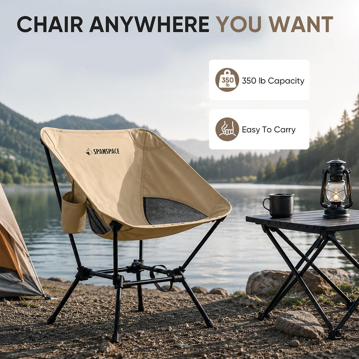 Ultralight Camping Chair for Adults, 3.6 lb Portable Seat, 350 lb Capacity