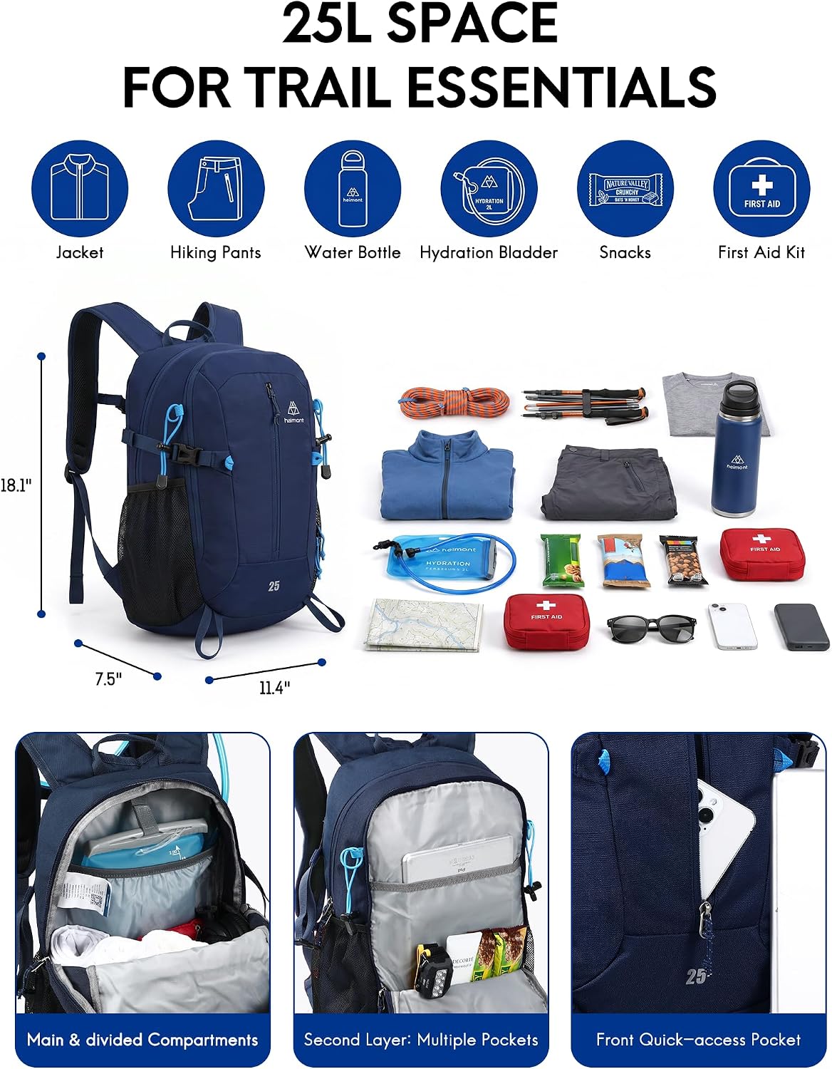 Haimont 25L Lightweight Hiking Daypack with Rain Cover, Navy Blue