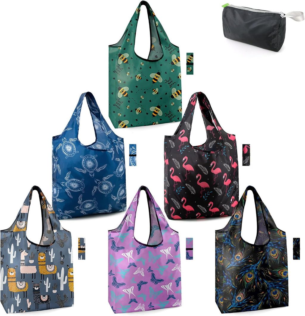 BeeGreen Animal Reusable Shopping Bags Grocery Totes 10 Pack with Zipper Carry Pouch Cute Shopper Bags XLarge Machine Washable Durable Gifts for Animal Lovers Women