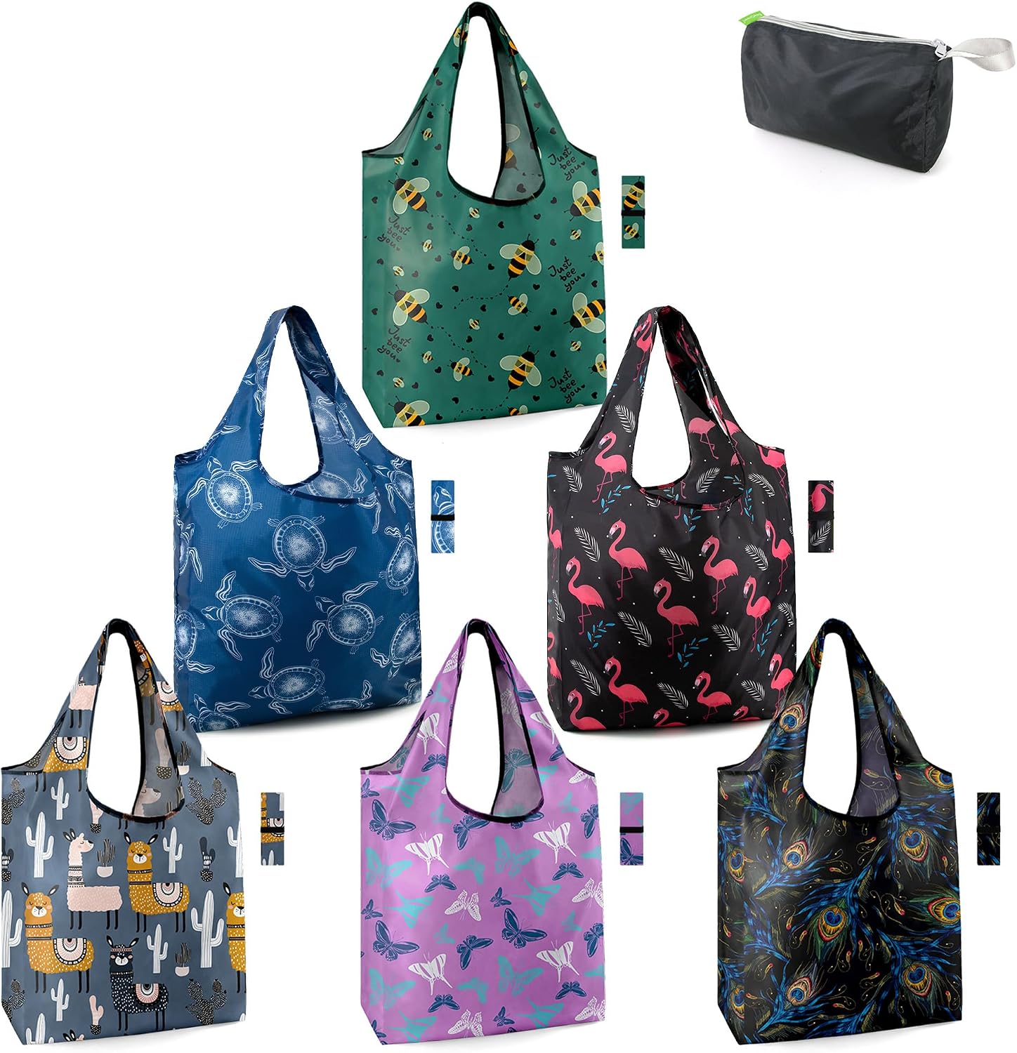 BeeGreen Animal Reusable Shopping Bags Grocery Totes 10 Pack with Zipper Carry Pouch Cute Shopper Bags XLarge Machine Washable Durable Gifts for Animal Lovers Women