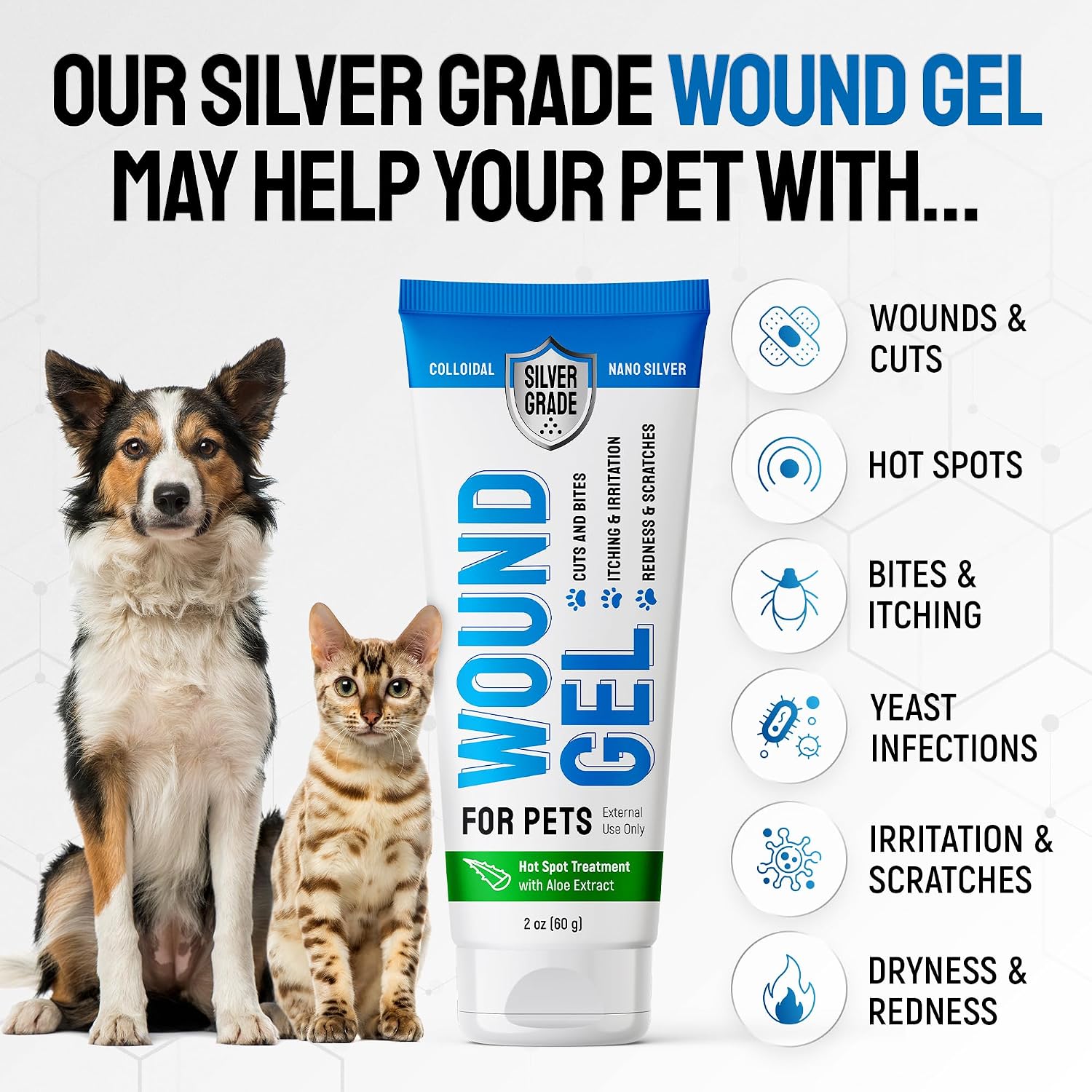 SILVER GRADE Wound Gel Tube for Pets – Dog Wound Care with Silver & Aloe – Cat & Dog Hot Spot, Scratches, Cuts, Bites Care – Help with Abrasions & Sores in Horses – Safe Breeds – 2 Oz