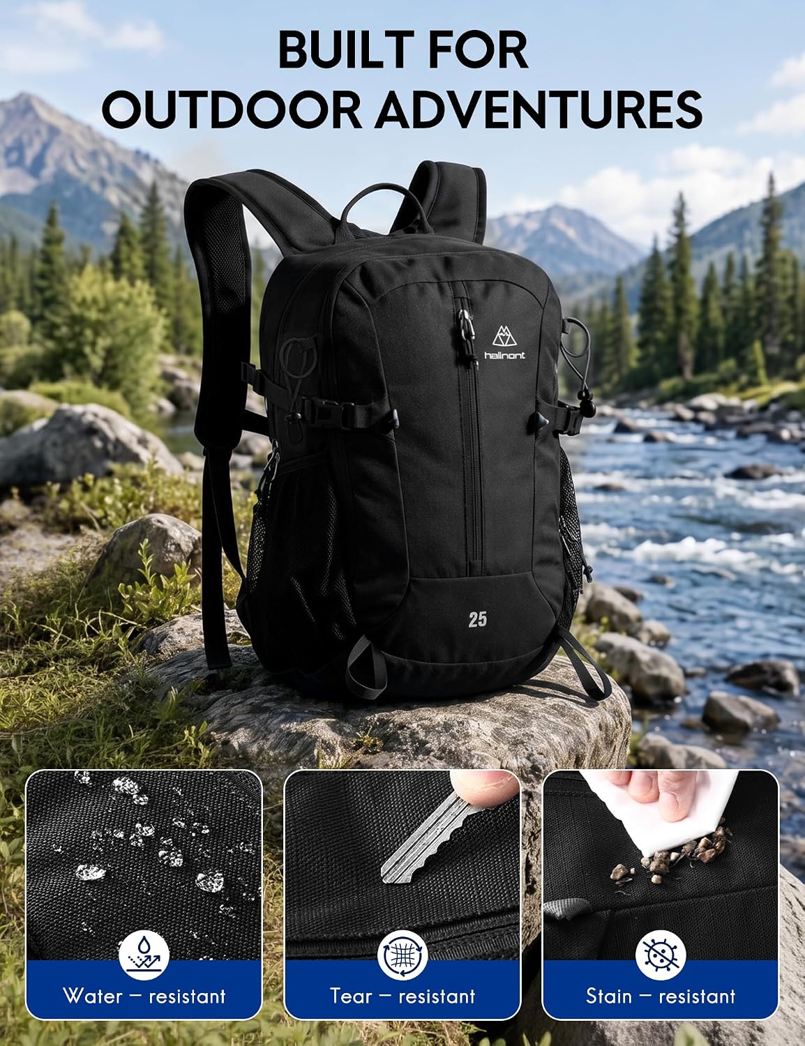 Haimont 25L Lightweight Hiking Daypack with Rain Cover, Black