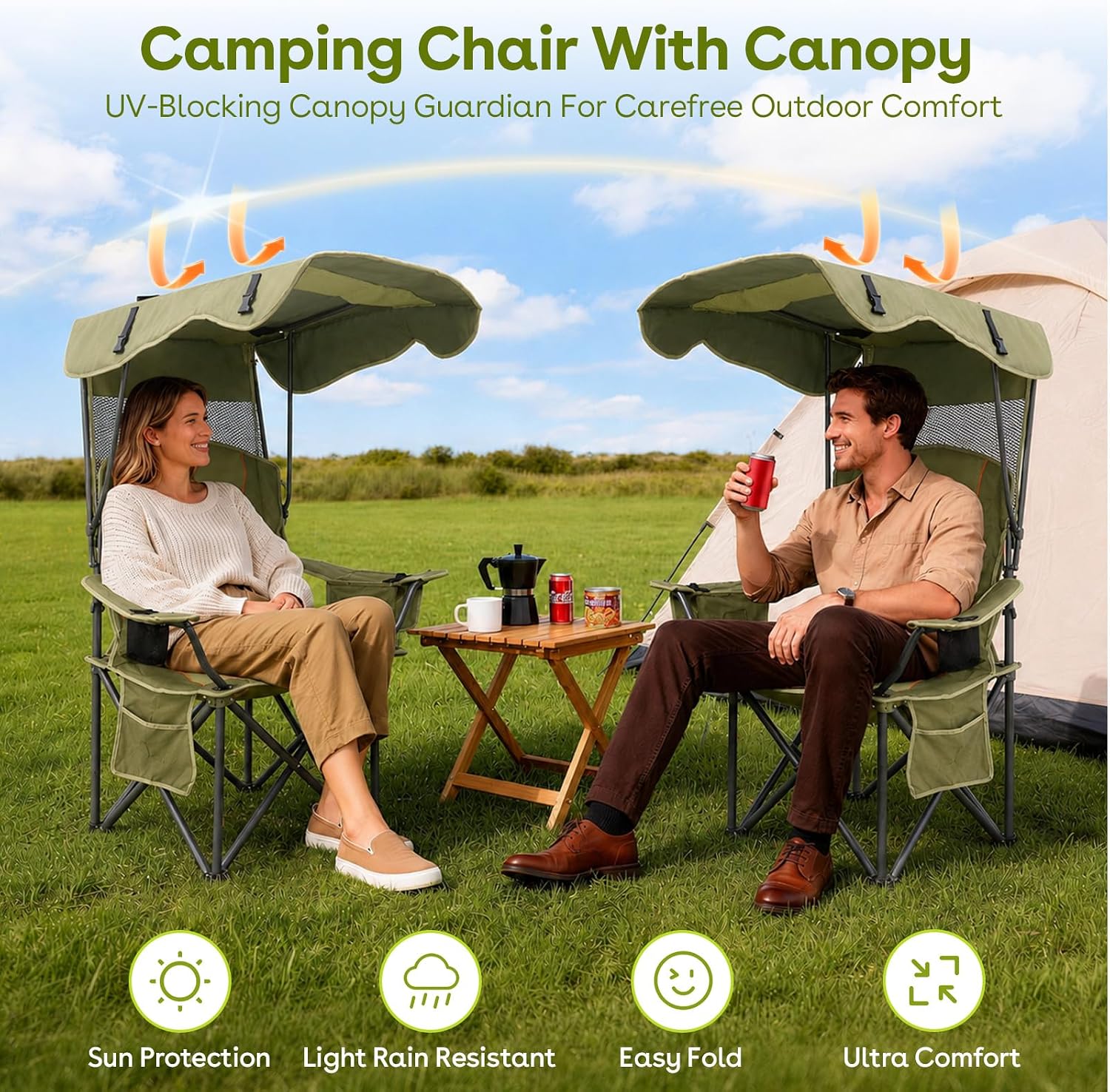 Suteck Camping Chair with Canopy Shade, Folding Outdoor Beach Chairs, Green