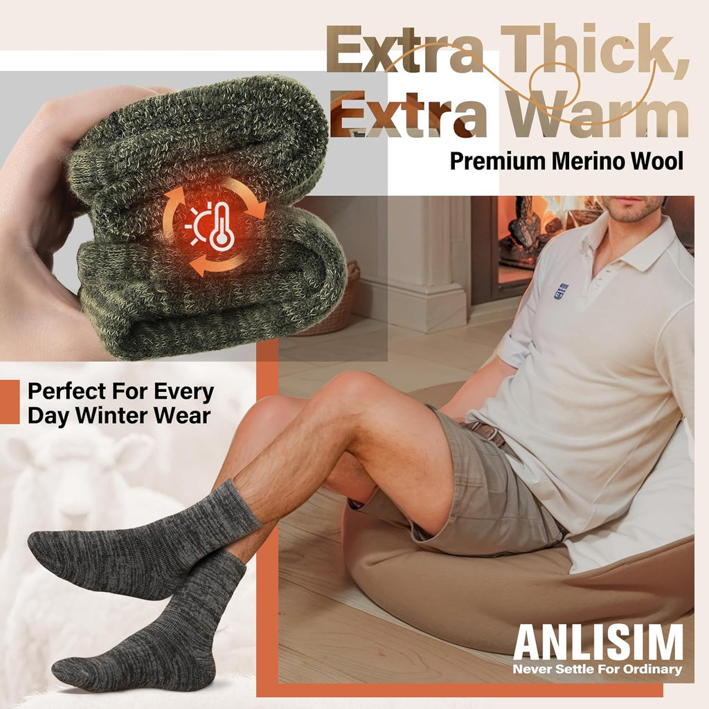 Anlisim Merino Wool Hiking Socks, Boot Crew Work Socks for Women Men