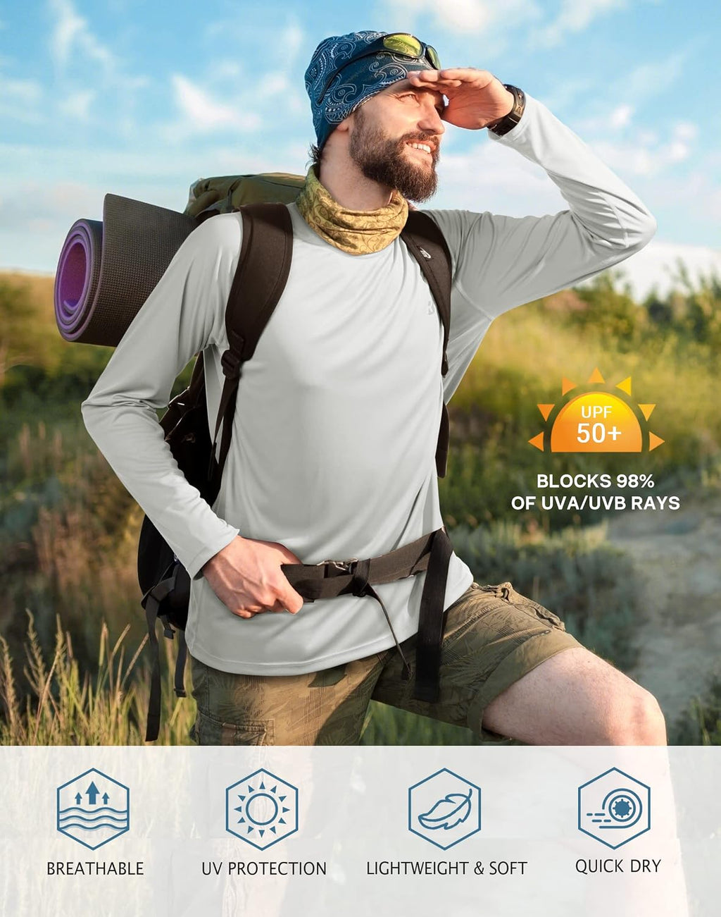Roadbox Mens UPF 50+ UV Sun Protection Shirts Outdoor Long Sleeve SPF Rash Guard for Fishing Hiking Swimming Running