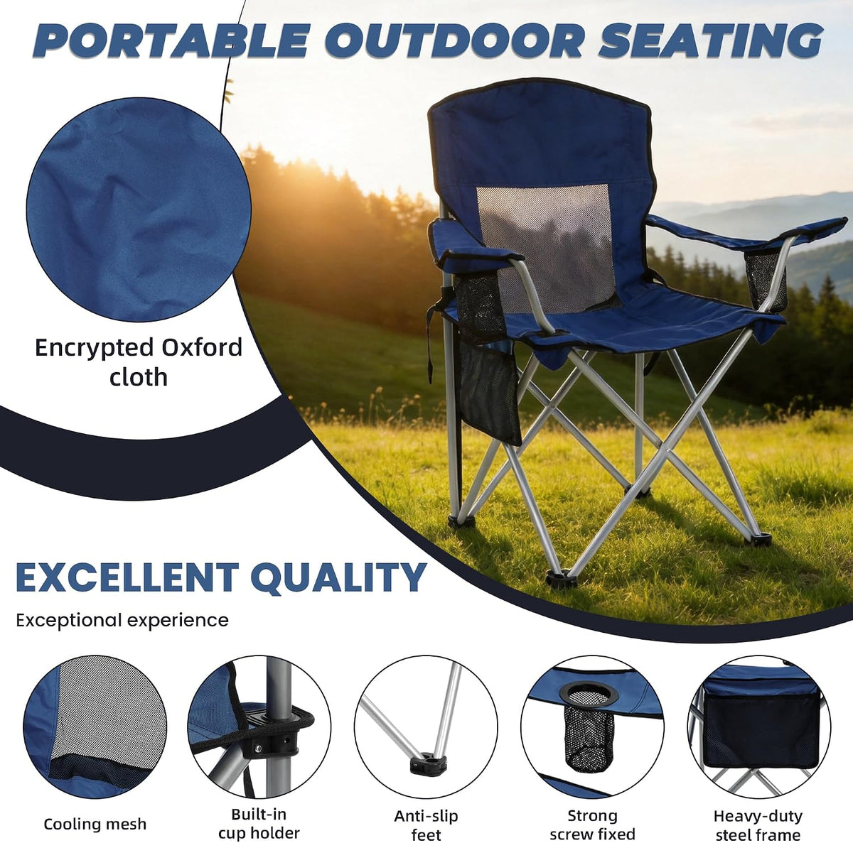 HULKFIT 4 Pack Folding Camping Chair – Heavy Duty Portable Outdoor Beach Chair for Adults with Breathable Mesh Back, Cup Holder & Carry Bag – Ideal for Backyard, Tailgating, Hiking & Travel,Navy Blue