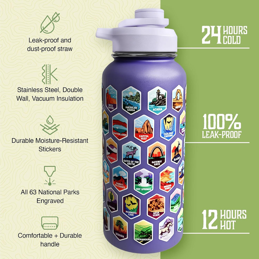 Trekking The National Parks Water Bottle with 63 Waterproof Stickers & 3 Lids (Straw, Spout, & Chug) | 32 Oz Insulated Wide Mouth Stainless Steel Bottle | BPA-Free and Leak-Proof - PURPLE