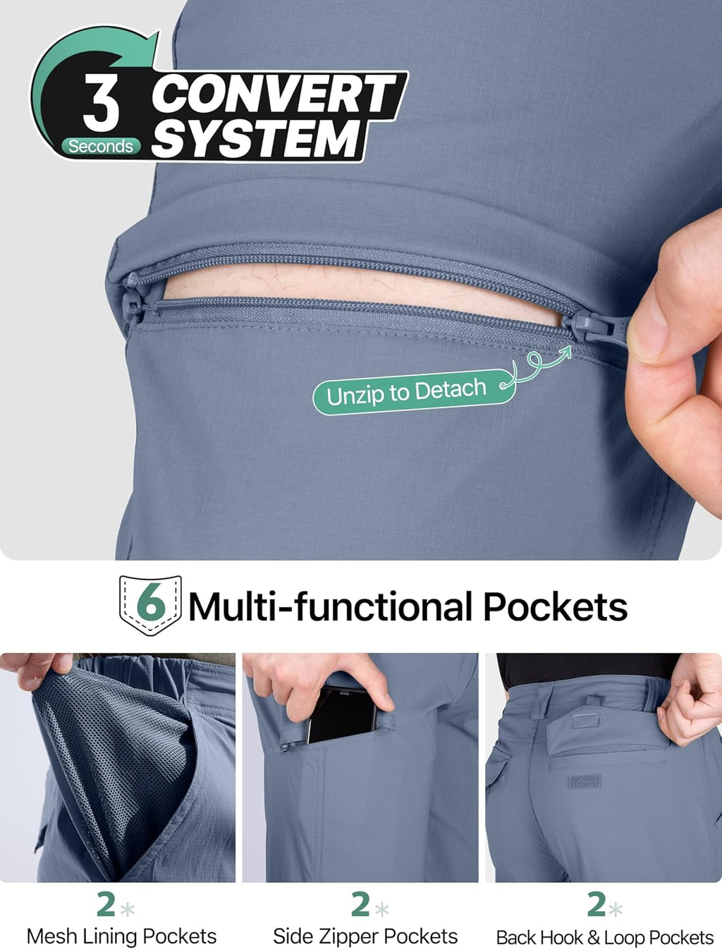 FREE SOLDIER Men's Convertible Hiking Pants Outdoor Lightweight