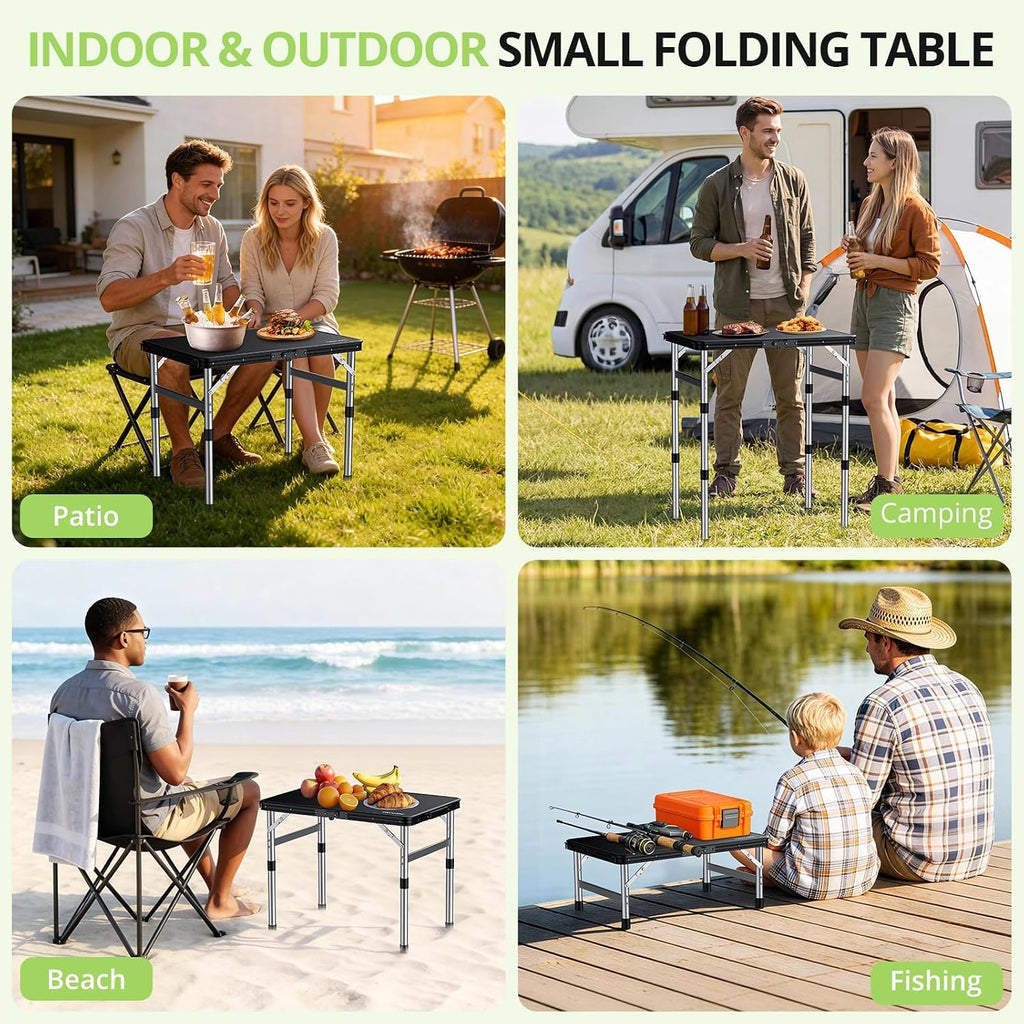 2ft Plastic Folding Table, 3 Adjustable Height Waterproof Small Folding Camping Table Lightweight & Portable with Carry Handle, for Indoor Outdoor RV Travel Picnic Beach, 22.8" X 15.7", Black