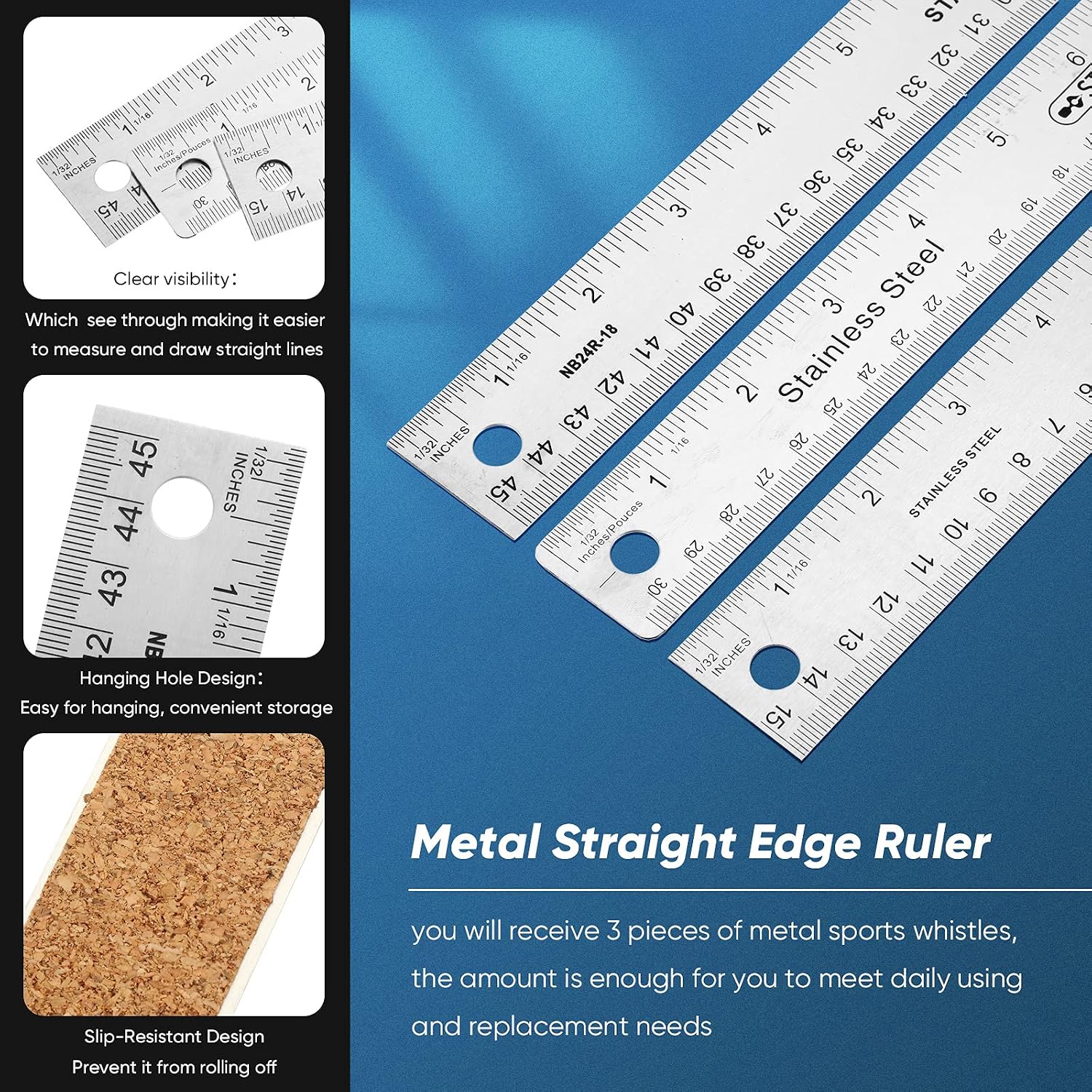 Frienda 2 Pcs Metal Ruler Cork Backed 12+18 Inch Non-Slip Straight Edge