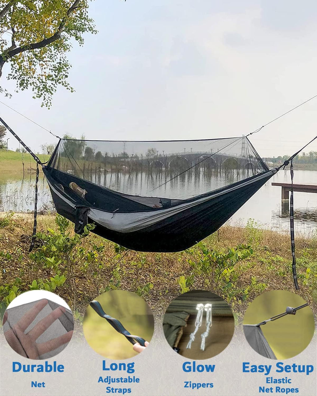 Sunyear Hammock Camping with Rain Fly Tarp and Net, Portable Camping Hammock Double Tree Hammock Outdoor Indoor Backpacking Travel & Survival, 2 Tree Straps,100% Waterproof Black/Grey Bundle