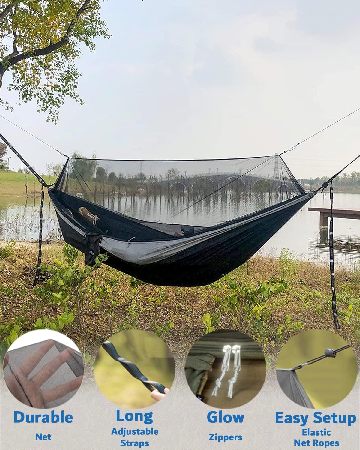 Sunyear Hammock Camping with Rain Fly Tarp and Net, Portable Camping Hammock Double Tree Hammock Outdoor Indoor Backpacking Travel & Survival, 2 Tree Straps,100% Waterproof Black/Grey Bundle