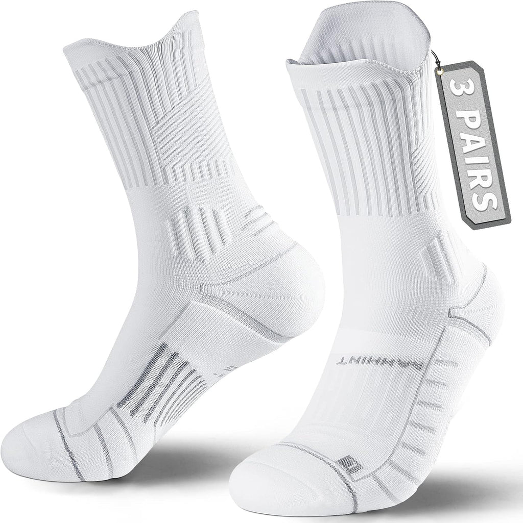 Compression Running Socks 3 Pairs, Cushion Crew Socks, Anti-Blister Moisture Wicking Athletic Hiking Basketball Socks