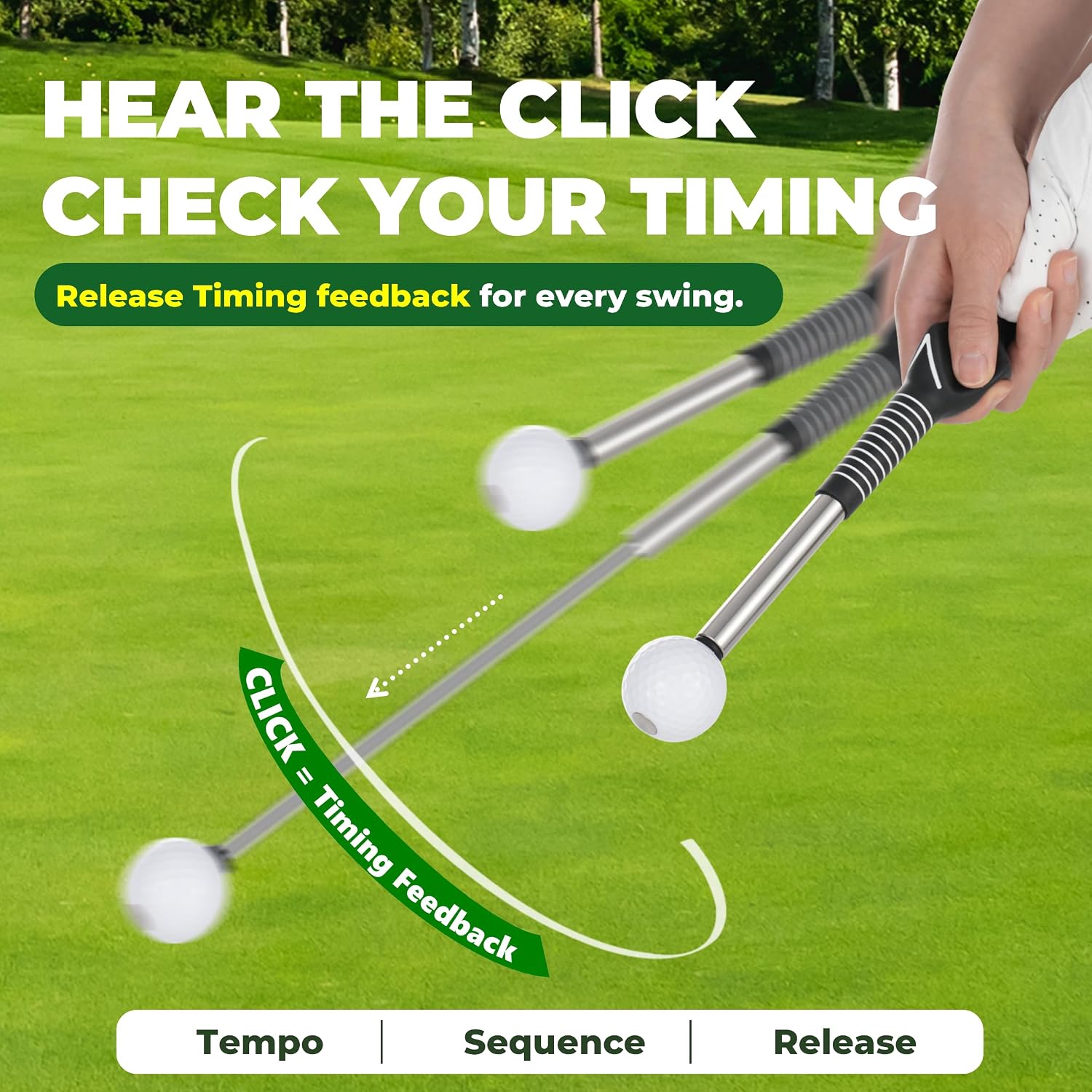 5-in-1 Retractable Golf Swing Trainer, Training Aid with Grip Trainer, Grip Correction for Beginners & Tempo Training for Advanced, Click Feedback, Right/Left-Handed