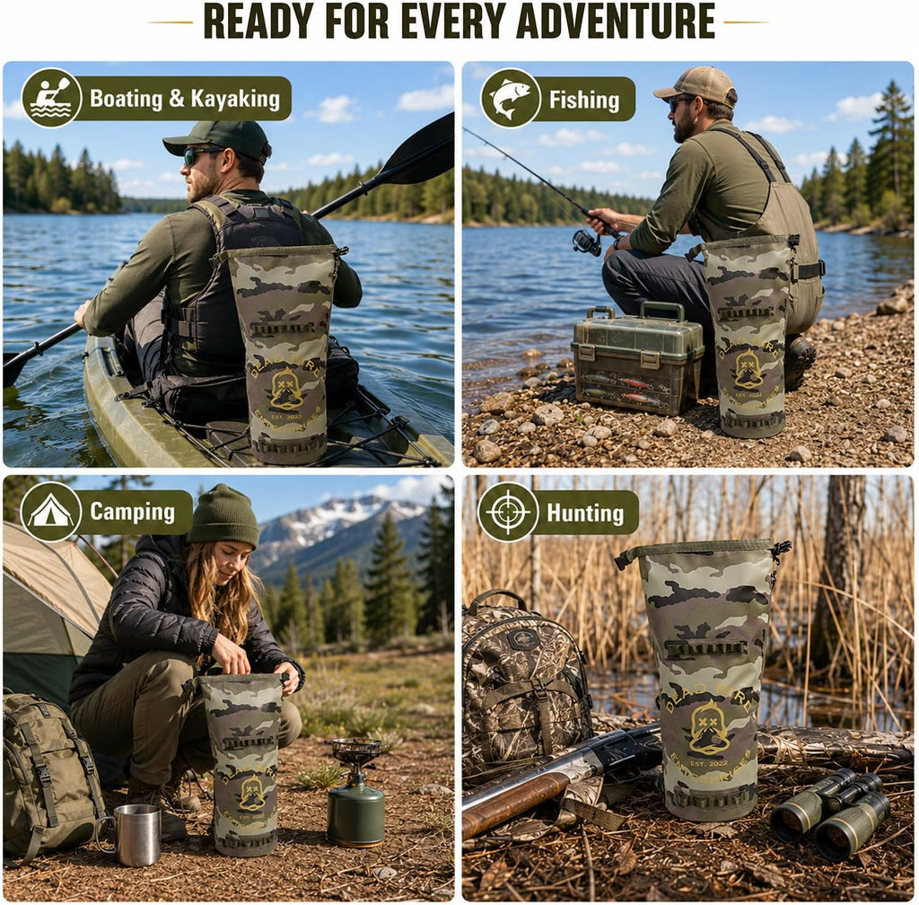 Dead Bird Enterprises Waterproof 20L Dry Bag, Camouflage Floating Shell Pouch with Roll Top Closure for Duck Hunting, Beach, Boating, Kayaking, Fishing & Camping, 500D PVC Tarpaulin Camo Dry Bag