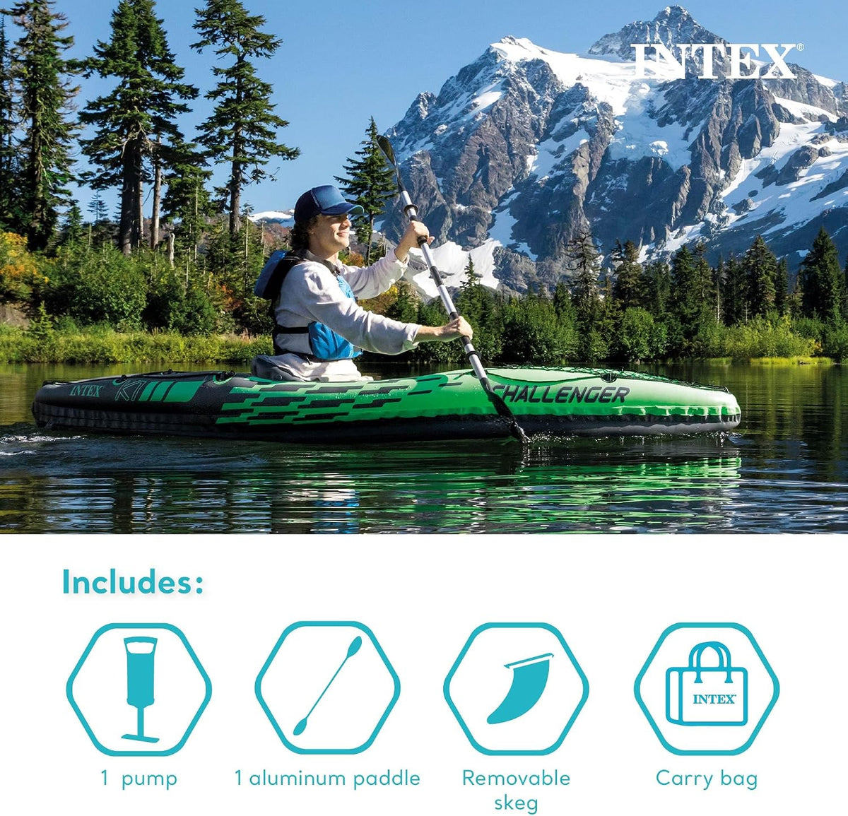 INTEX Challenger Inflatable Kayak Series: Includes Deluxe 86in Kayak Paddles and High-Output Pump – SuperStrong PVC – Adjustable Seat with Backrest – Removable Skeg – Cargo Storage Net