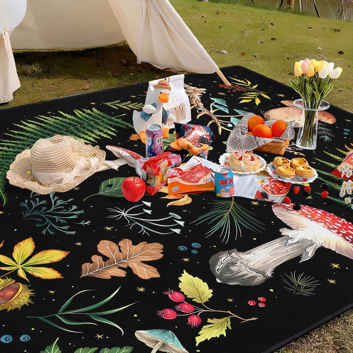 Mushroom Picnic Blankets Waterproof Foldable, 60″X80″Thick Three Layer Picnic Mat Outdoor Blanket for Grass,Cute Beach Blanket Sandproof Picnic Accessories for Camping Party Park Hiking