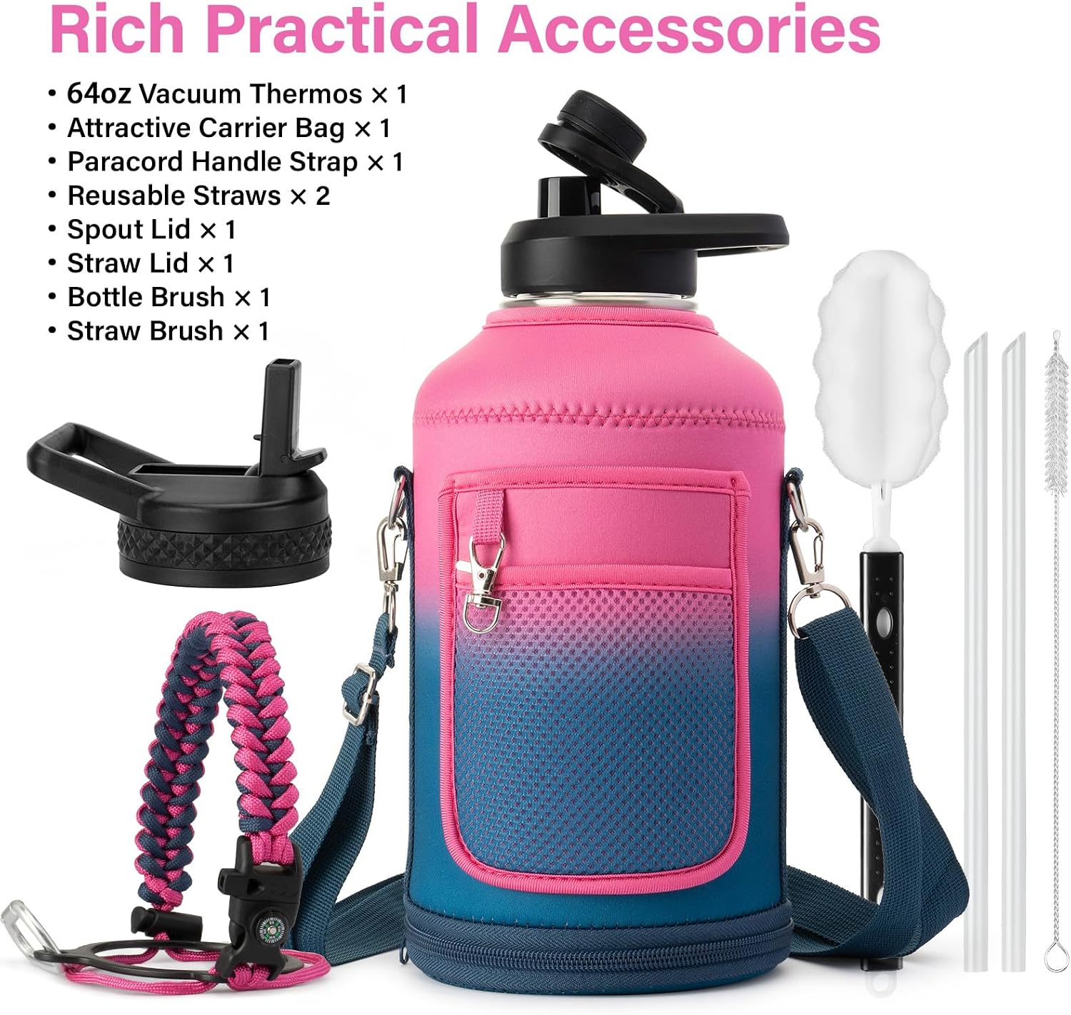 DYSANKY Insulated Water Bottle w/Straw Lid & Portable Carrier Bag, 64oz
