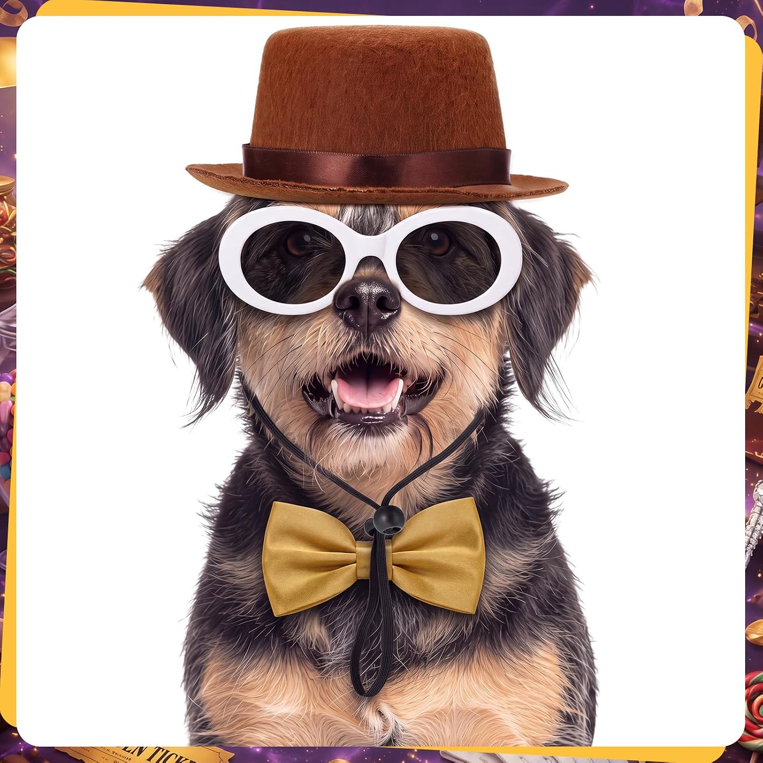 Reginary 3 Pcs Halloween Pet Costume Brown Top Hat Retro Glasses and Bow Tie for Dog Cat Retro Pets Cosplay Accessories Chocolate Sweet Candy Movie Character Dress up for Halloween Party