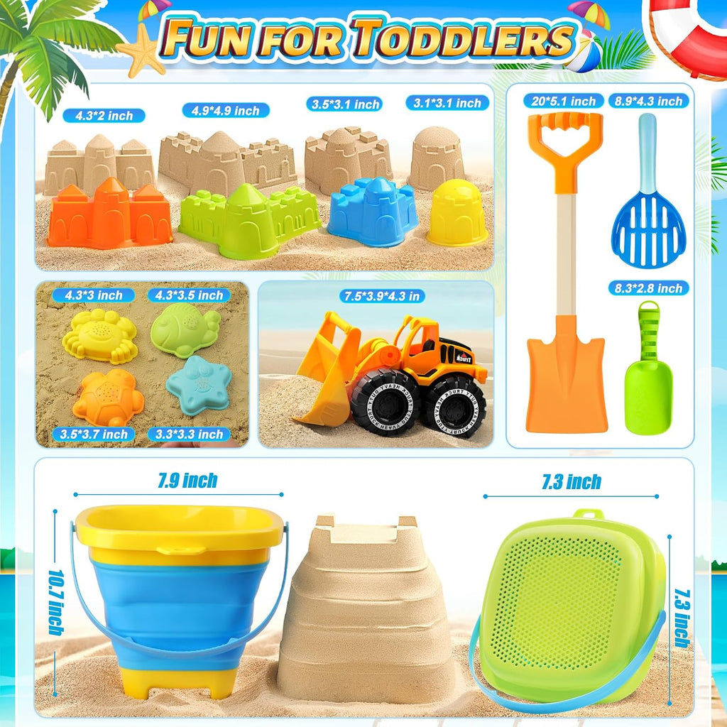 Collapsible Beach Sand Toys for Kids, Sandbox Toys Summer Travel Essentials | Includes Bucket, Sand Shovel, Beach Sifter, Castle Molds, Toddler Beach Toys with Mesh Bag, Outdoor Beach for Kids Girls