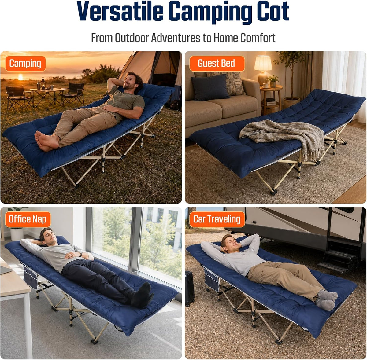 ARAER Camping Cot for Adults, 28in Wide with Mattress (Navy Blue)