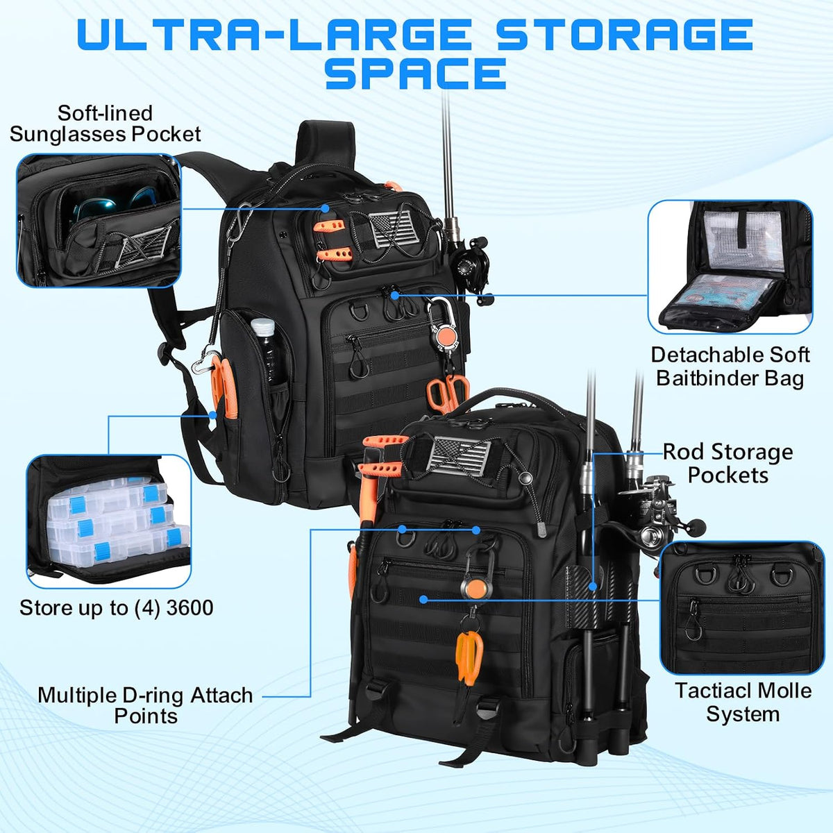 50L Fishing Backpack with 2 Rod Holders Storage, Comfortable Straps