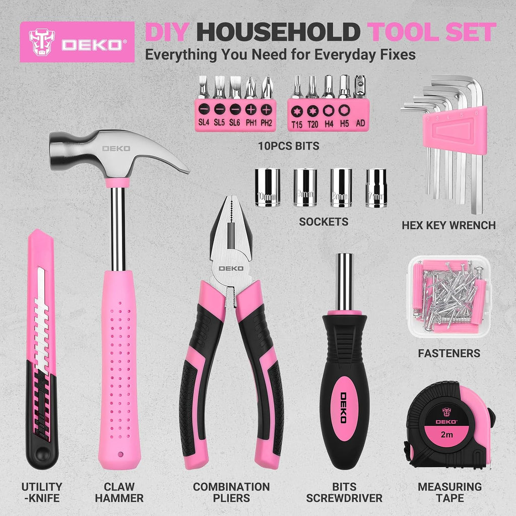 DEKOPRO 94 Piece Pink Tool Set, Household DIY Tool Kit for Women with Storage Toolbox, Small Basic Hand Tool Box Set for Home Repair, DIY, Apartment, Office