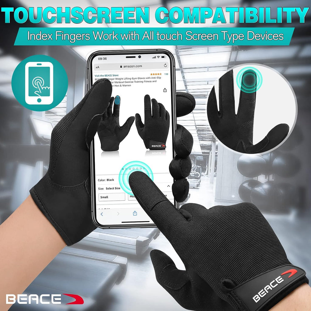 BEACE Full Finger Weight Lifting Gym Gloves with Anti-Slip Leather Palm for Workout Exercise Training Fitness and Bodybuilding for Men & Women