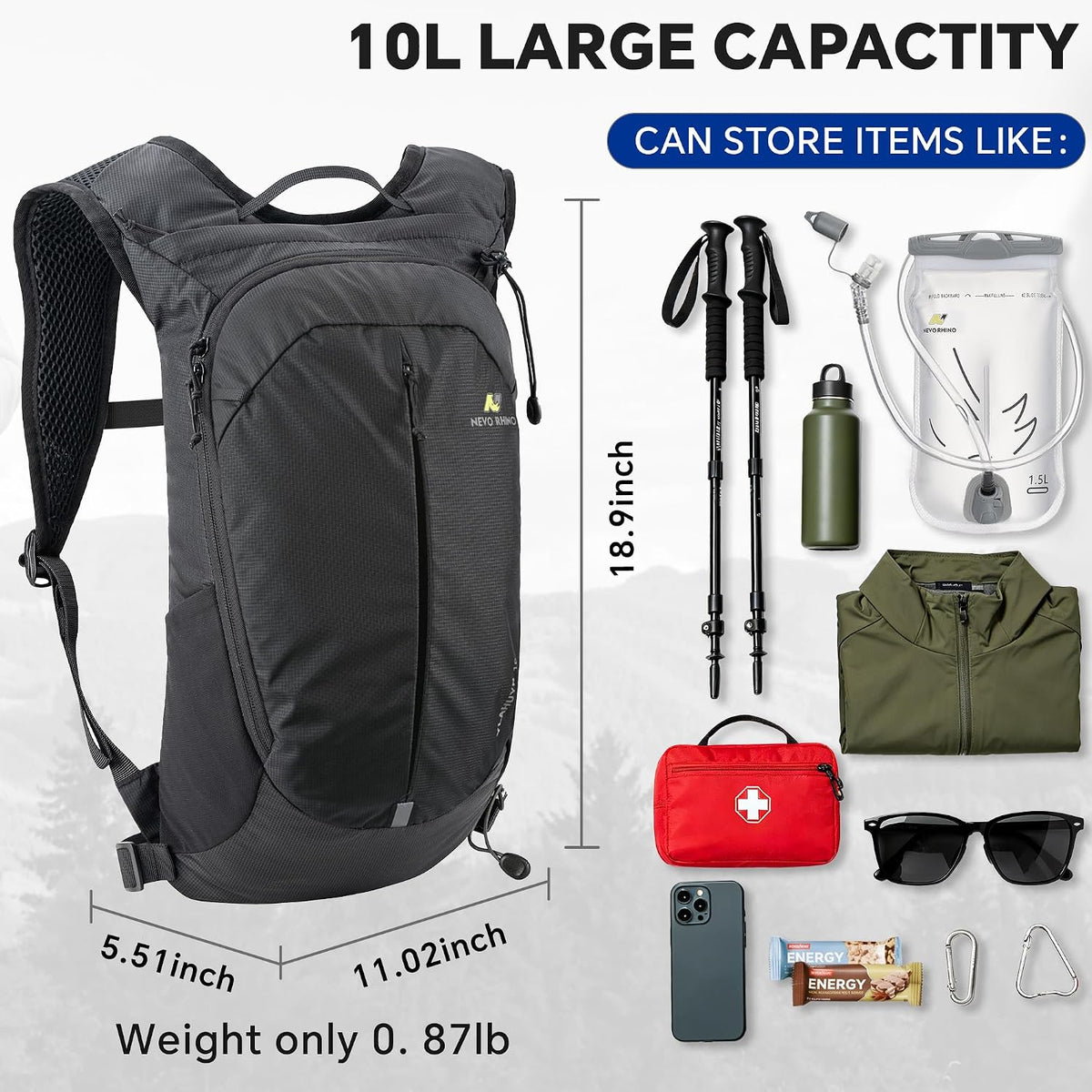 N NEVO RHINO Hiking Backpack, 10L Lightweight Daypack for Men Women