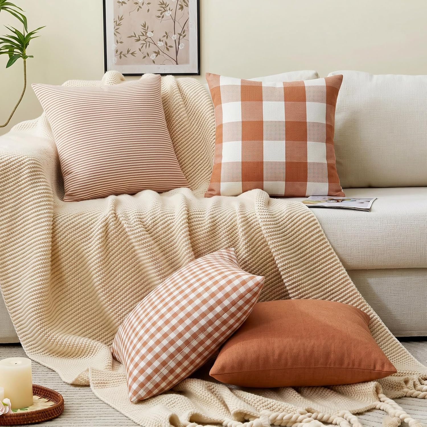 Burnt Orange Fall Plaid Outdoor Porch Pillow Covers 18x18 Set of 4 | Thanksgiving Autumn Pillow Covers 18 x 18, Cojines De Otoño Para Sala, Aesthetic Fall Room Decor, Fall Patio Outdoor Pillow