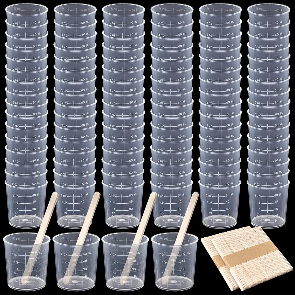 Coopay 100 Pack 30ml/1oz Plastic Graduated Cups Transparent Scale Cups Clear Epoxy Mixing Cylinder with 100 Pack Wooden Stirring Sticks for Resin, Epoxy, Stain, Mixing Paint