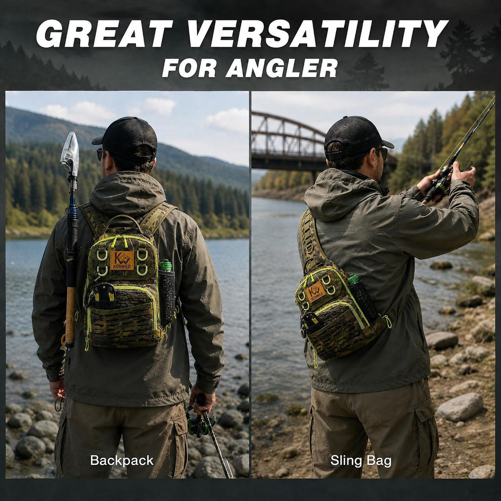 Fishing Sling Tackle Bag, Water-Resistant Lightweight Fishing Backpack with Rod Holder, Adjustable Crossbody Shoulder Bag for Bass Trout Kayak Bank Fishing- Green