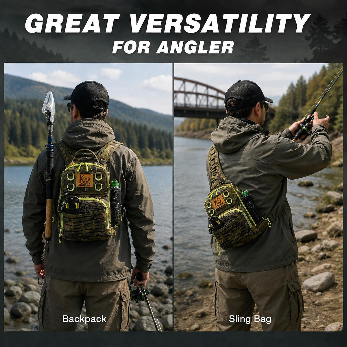 Fishing Sling Tackle Bag, Water-Resistant Lightweight Fishing Backpack with Rod Holder, Adjustable Crossbody Shoulder Bag for Bass Trout Kayak Bank Fishing- Green
