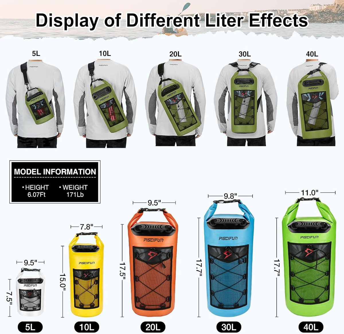 Piscifun Dry Bag, Waterproof Floating Backpack 10L/20L/30L/40L