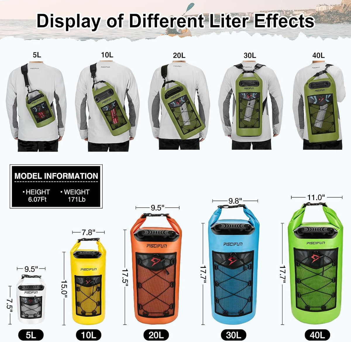 Piscifun Dry Bag, Waterproof Floating Backpack 10L/20L/30L/40L