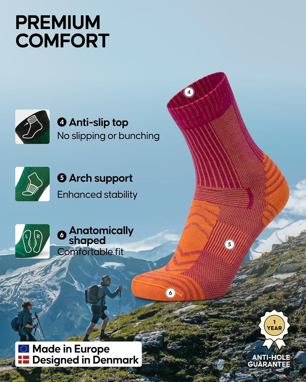 DANISH ENDURANCE Merino Wool Hiking Socks, Lightweight & Breathable
