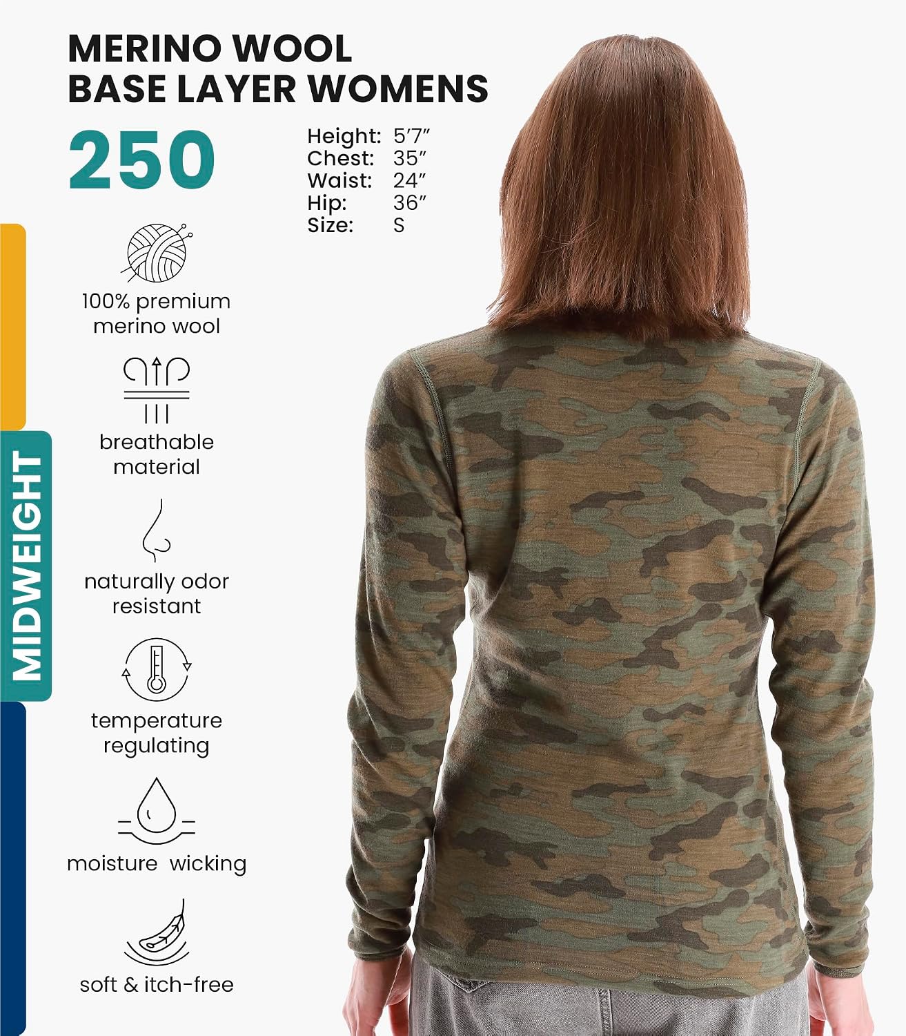 100% Merino Wool Base Layer Women - Long Sleeve Thermal Shirt with Socks