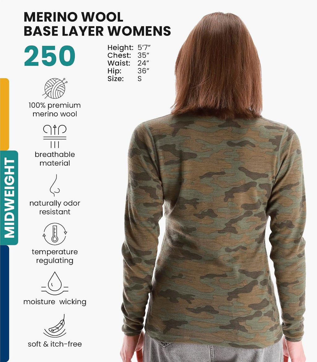 100% Merino Wool Base Layer Women - Long Sleeve Thermal Shirt with Socks