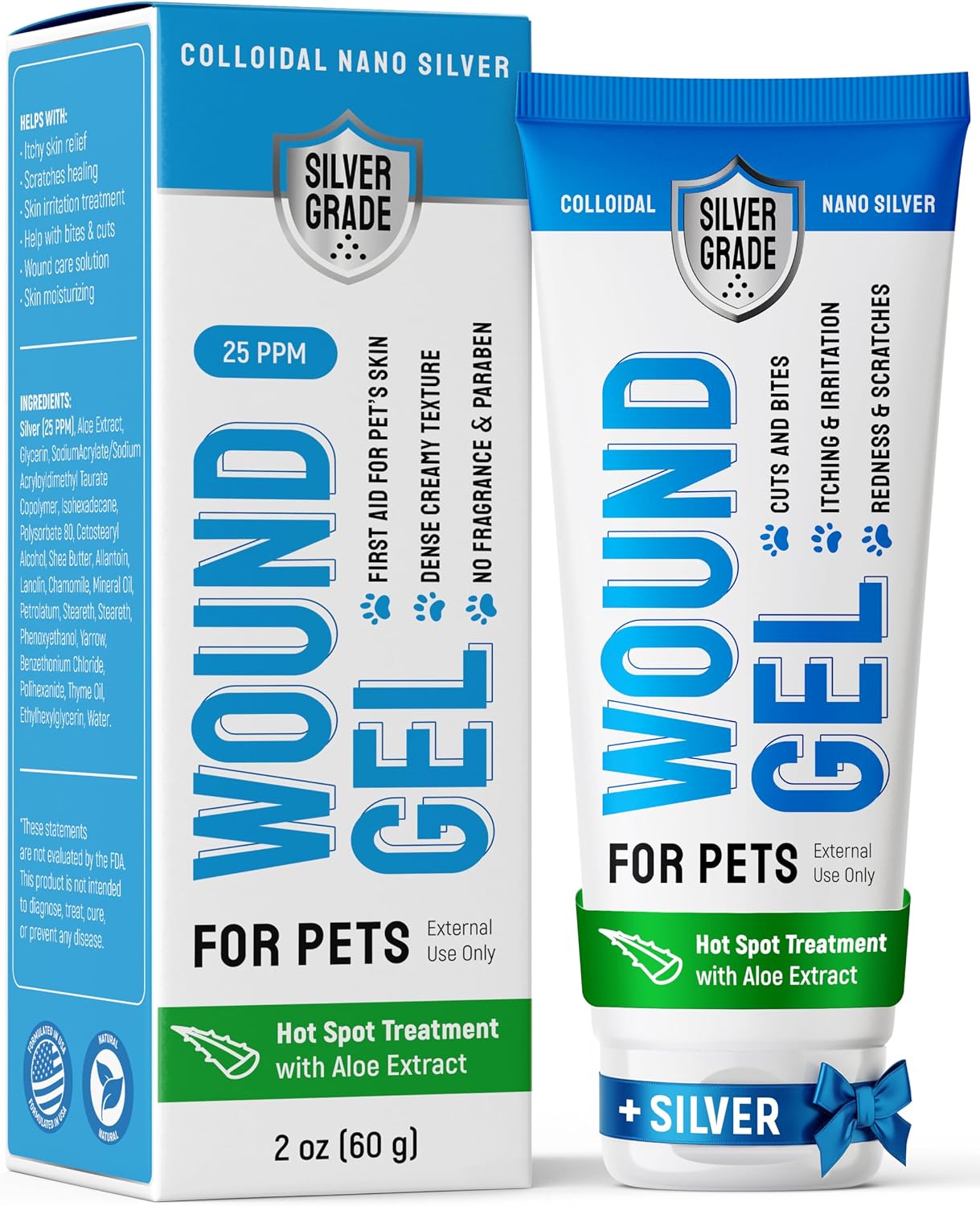 SILVER GRADE Wound Gel Tube for Pets – Dog Wound Care with Silver & Aloe – Cat & Dog Hot Spot, Scratches, Cuts, Bites Care – Help with Abrasions & Sores in Horses – Safe Breeds – 2 Oz