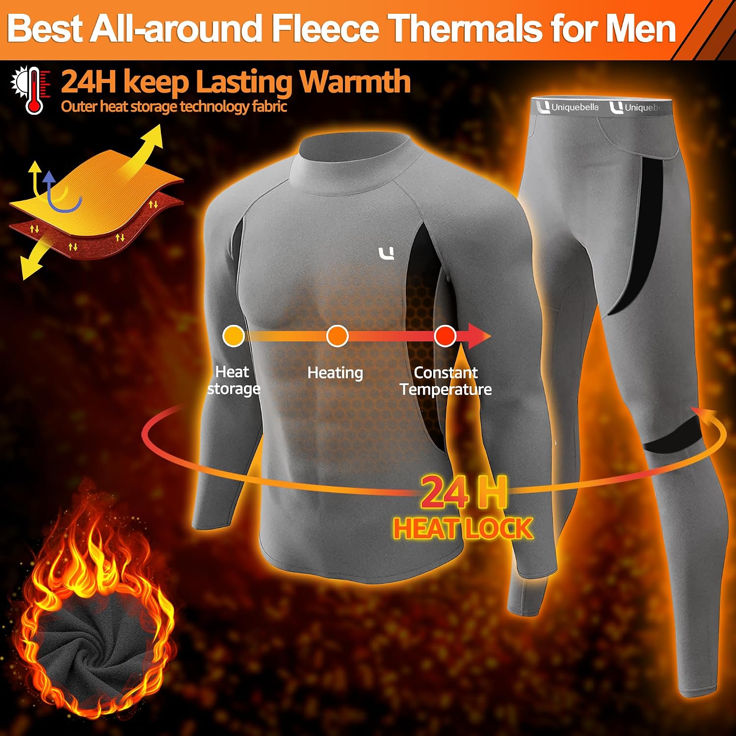 UNIQUEBELLA Men's Thermal Underwear Sets Top & Long Johns Fleece Sweat Quick Drying Thermo Base Layer