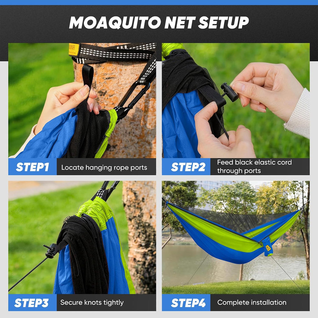 Small Camping Hammock with Mosquito Net, 450 lbs Portable Hammock with Tree Straps, 2-in-1 Double/Single Travel Hammocks, Hammock for Outside/Indoor/Backpacking/Beach - Lake Blue & Green