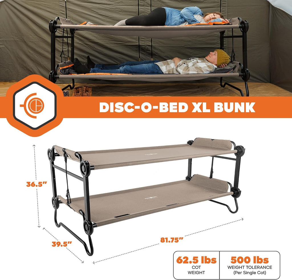 Disc-O-Bed Extra Large Portable Bunk Camping Cots with Carry Bags, Tan