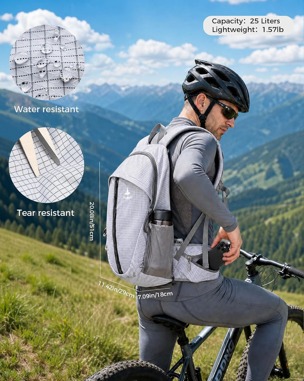 25L Hiking Backpack with Helmet Holder and Rain Cover, Lightweight Camping Travel Day pack Cycling Backpack for Women Men (White)