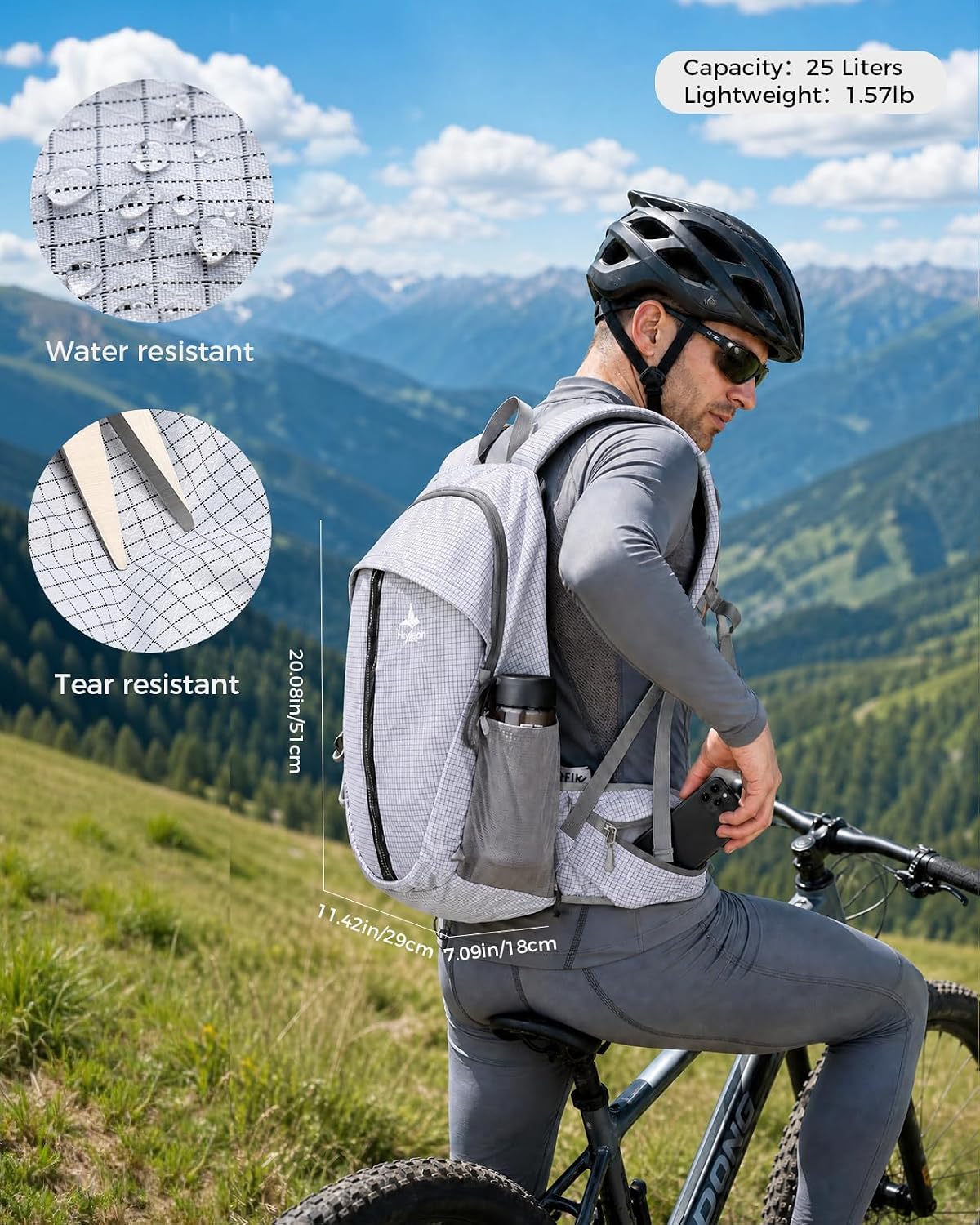 25L Hiking Backpack with Helmet Holder and Rain Cover, Lightweight Camping Travel Day pack Cycling Backpack for Women Men (White)