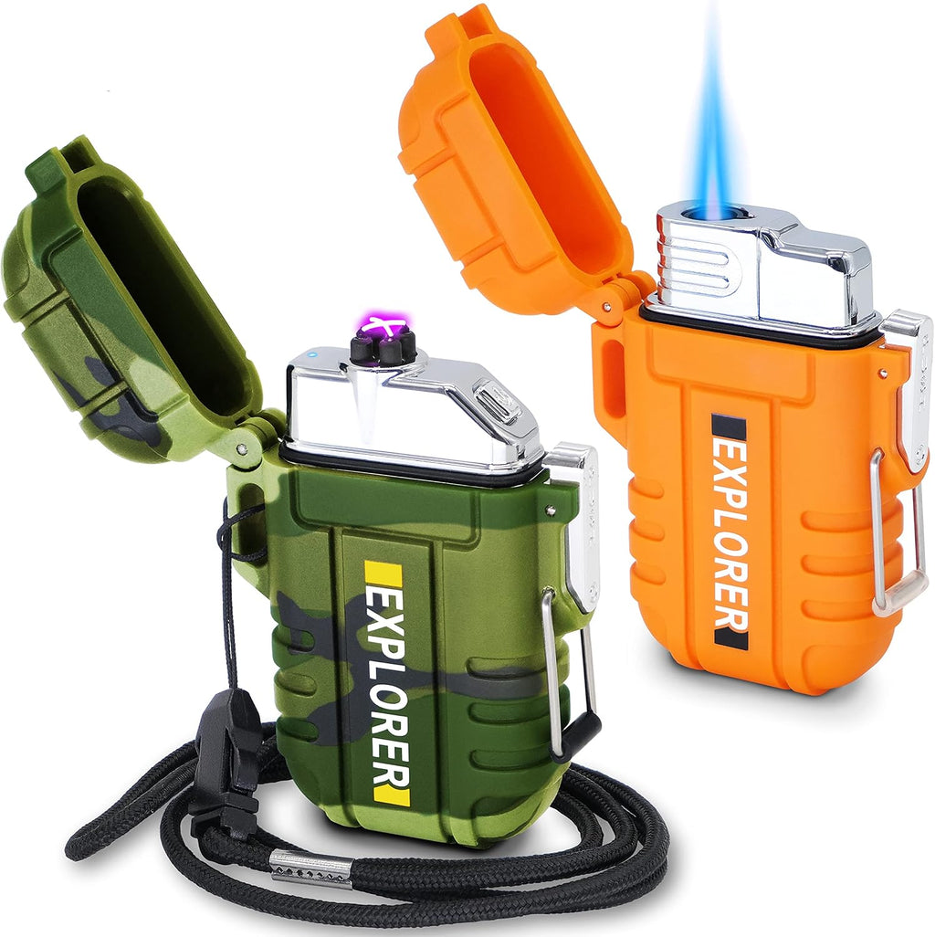 2 Pack Waterproof Lighter Outdoor Windproof Torch Lighters Dual Arc Butane Electric Lighters USB Rechargeable Lighters Flameless Plasma Lighter Camping Hiking Adventure Survival Tactical Gear