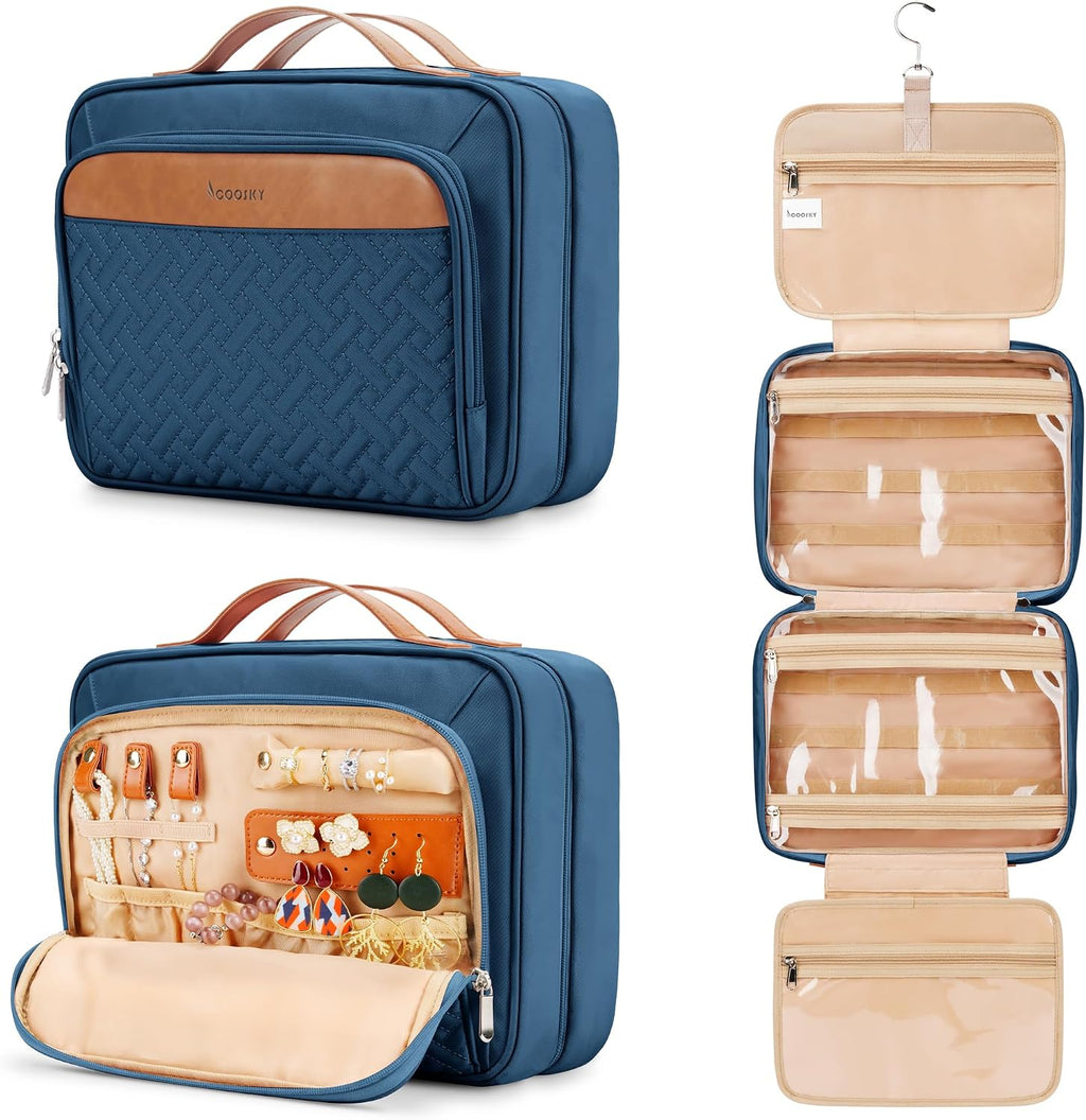 Travel Hanging Toiletry Bag for Women, with Jewelry Organizer Compartment, Medium Waterproof Hanging Makeup Accessories, Cosmetic Essentials, Toiletries Dopp Kit Set with Trolley Belt, Navy Blue