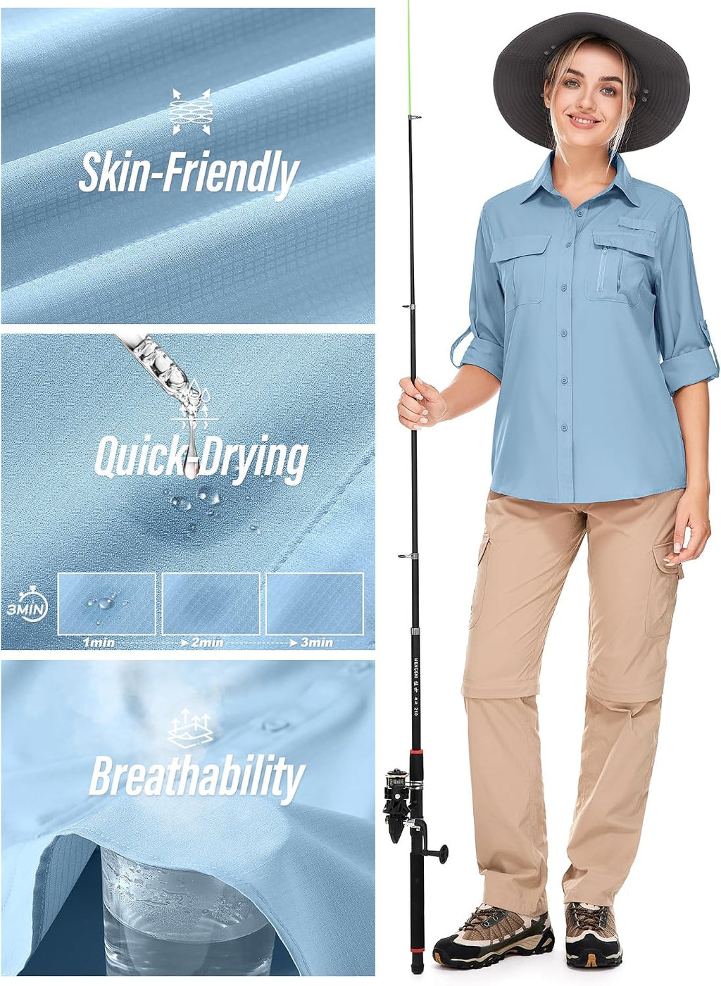 Women's UPF 50 Long Sleeve Sun Protection Safari Fish Hiking Shirts